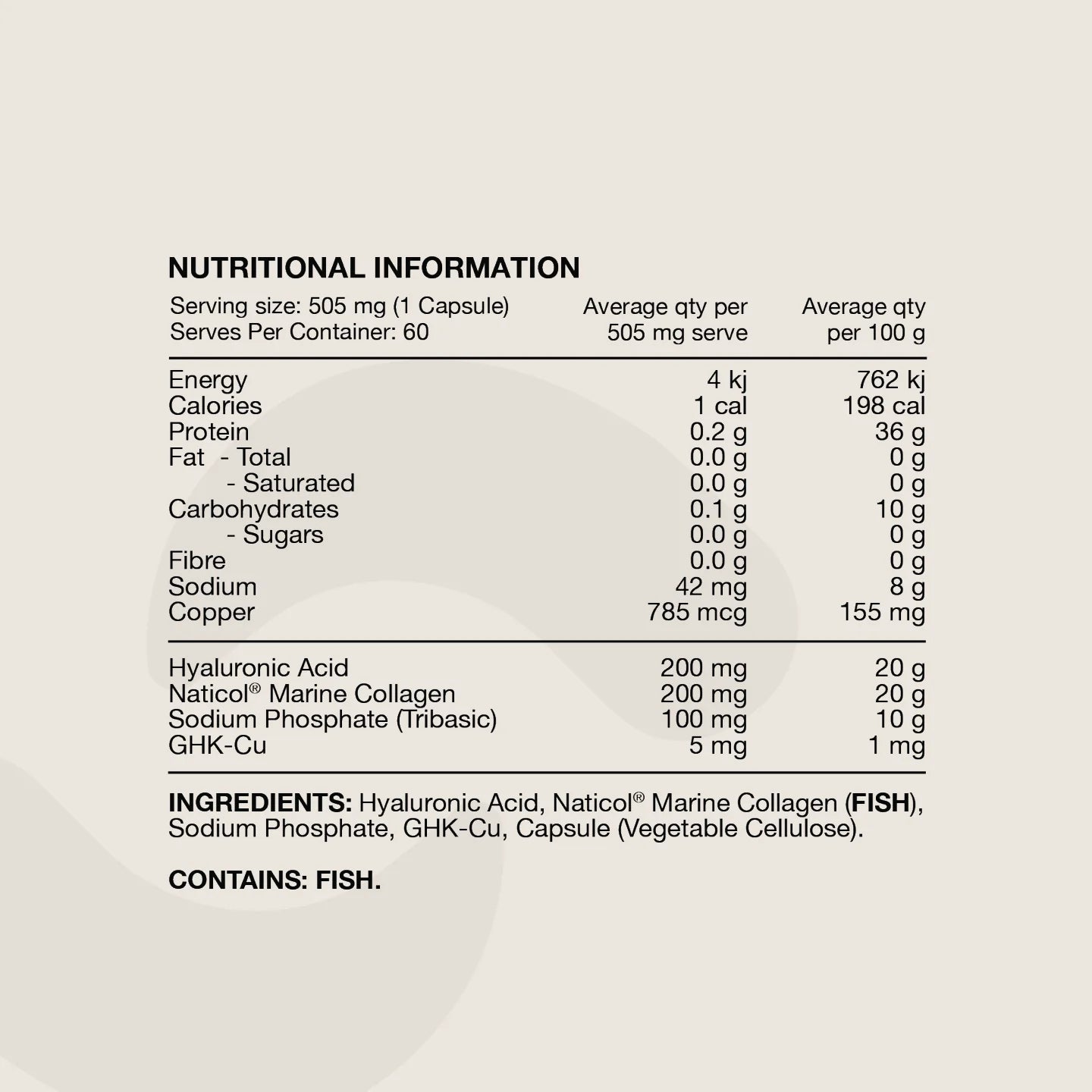 Hair + Skin GHK-Cu, Hyaluronic Acid Marine Collagen 60 Caps